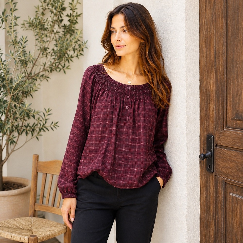Treasure‎ & Bond Burgundy Plaid Smocked Neck Blouse Long Sleeve Top Small NWT